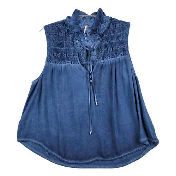 FREE PEOPLE Womens Ruffle Me Up Smocked Tie Tank Drawstring Sleeveless Blue Med - Picture 1 of 11